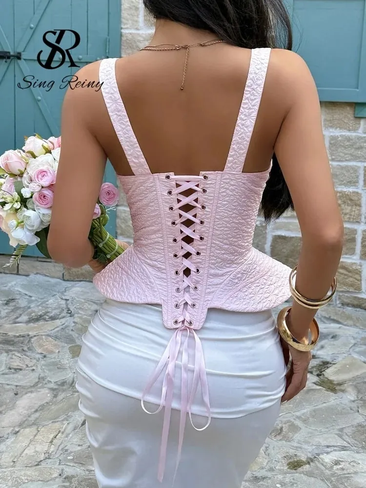 Luxury Wedding Party Corset Top Women Strap Big Hem Lace UP Solid Camisole Celebrity Style Jacquard Gala Tank Top