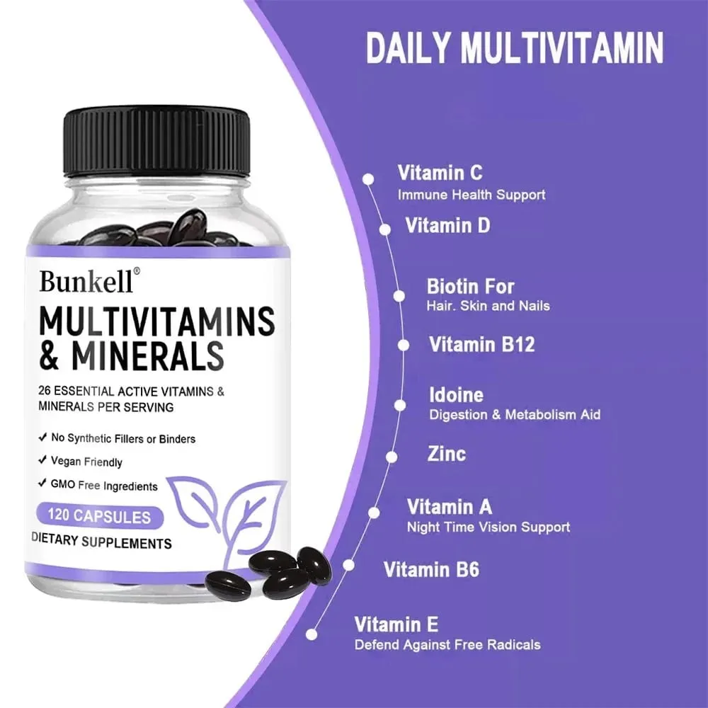 Multivitamin and Minerals - Daily Supplement Antioxidants Skin Repair Liver Health Maintenance Energy Boost 120 Capsules