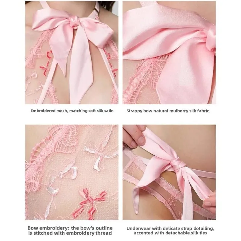Women's Embroidered Ribbon Bow Bralette & Panty Set Butterfly Mambo Pure Desire Wireless Comfort Bra for Daily Wear MOYISU Sexy