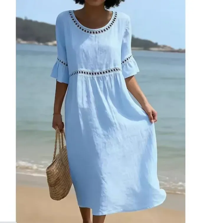 Hollow-out Solid Cotton Linen A-Line Dress Woman O Neck High Waist Loose Dresses Summer Flare Sleeve Beach Vacation Dress