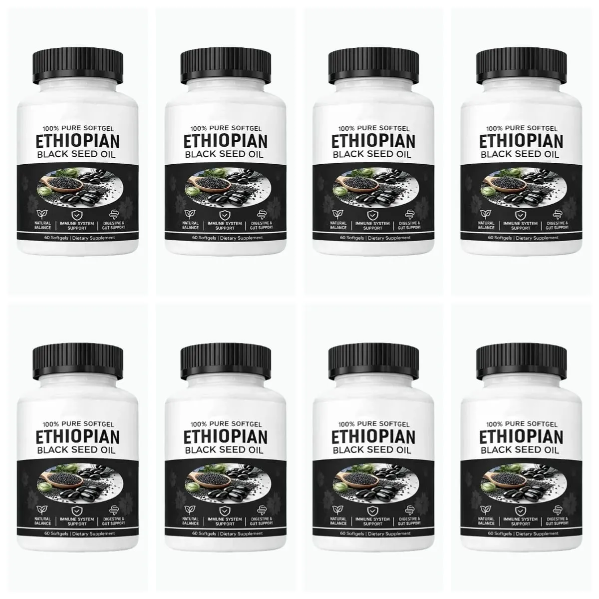 Ethiopian Black Seed Oil Softgels 800mg Cold Pressed Nigella Sativa Immune Digestive Gut Support Supplement 60 Count Non-GMO