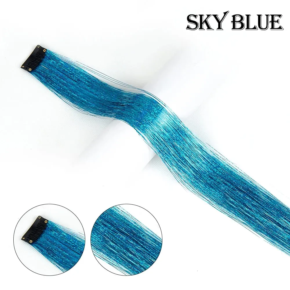 Straight Rainbow Colored Party Highlights Clip On In Hair Extensions Bling Hair Piece Synthetic Hairpieces Sparkling Tinsel Red