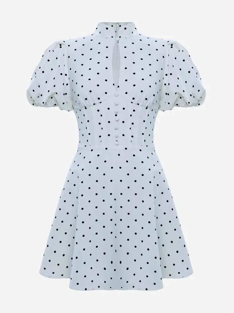 Retro Polka Dot Mini A-line Dress Elegant Stand Collar Puff Short Sleeve Waist-cinching Dresses 2026 New Lady Party Gowns