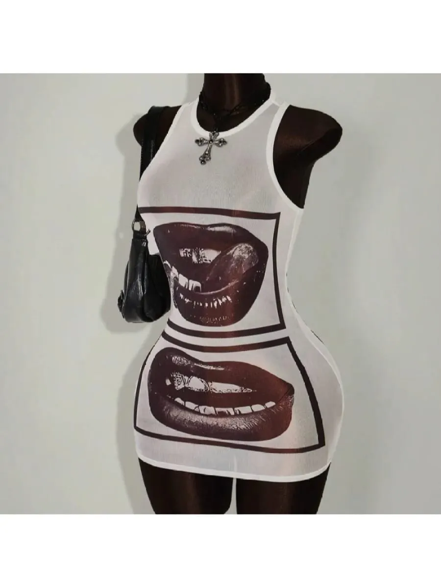 2026 New y2k Summer Lips Printed Sleeveless Bag Hip Round Neck Sleeveless Dress Punk Street Trend Fashion Personality Spicy Girl