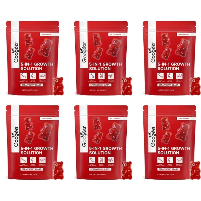Googeer 5-IN-1 Growth Solution Gummies สำหรับการพัฒนากระดูกและส่วนสูงวิตามิน D3 K2 แคลเซียม Strawberry Blast 60 Gummies