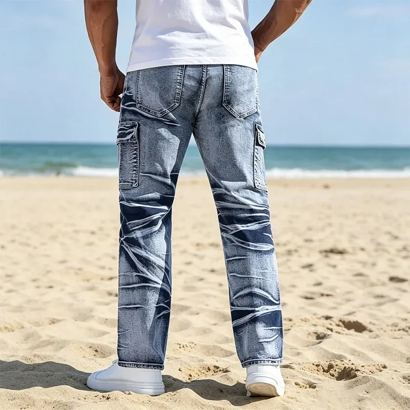 Men's Jeans Classic American Style Casual Multi Pocket Straight Leg Denim Man Pants All Season Fits
