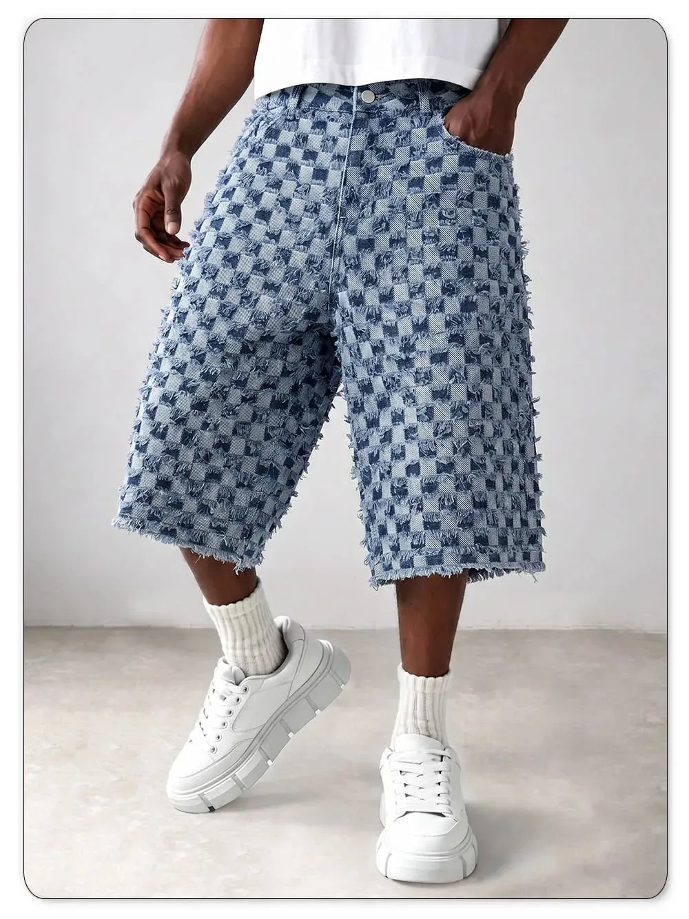 Men Fringe Checkerboard Jacquard Jean Shorts Casual Loose Wide Leg Raw Hem Knee Length Shorts Summer Bermuda Jeans