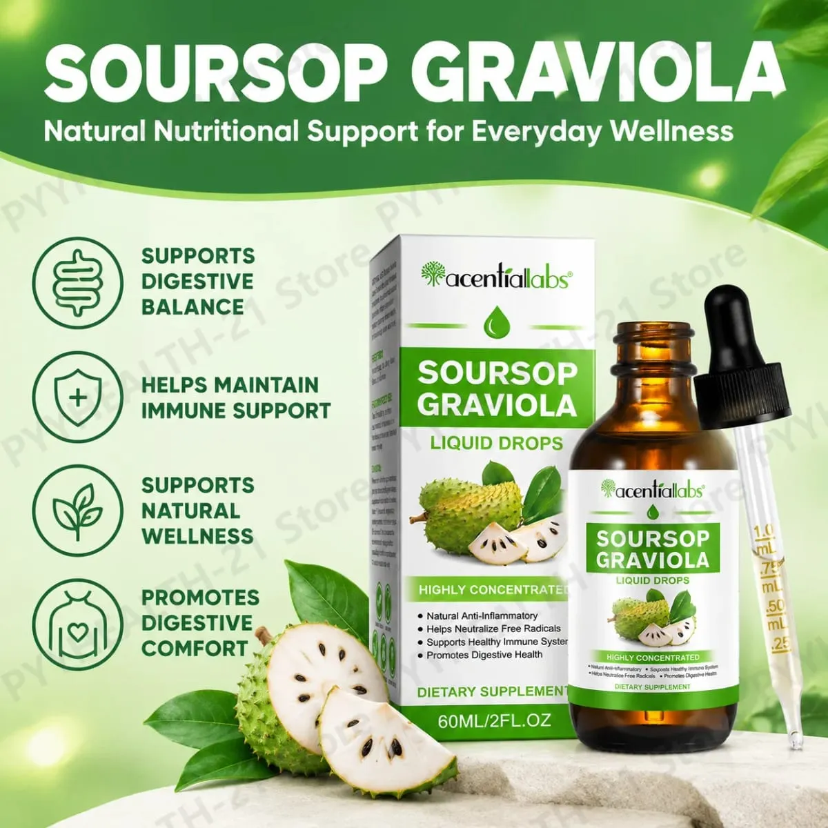 AcentiLabs Soursop Graviola flydende dråber C-vitamin understøtter fordøjelsessundhed Immunsystem Frie radikaler forsvar 60 ml til voksne