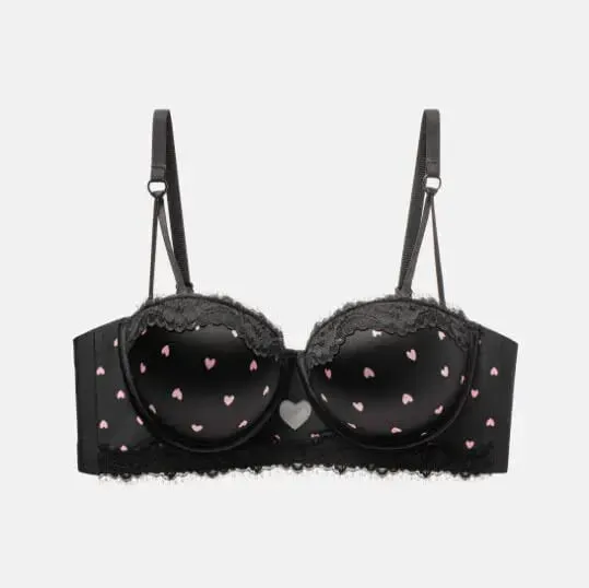 Kawaii Sweet Heart Lace Bra Panty Set Push Up Small Breast Side Collection Anti Sag Comfort Women Underwear Lingerie 32-38 Size