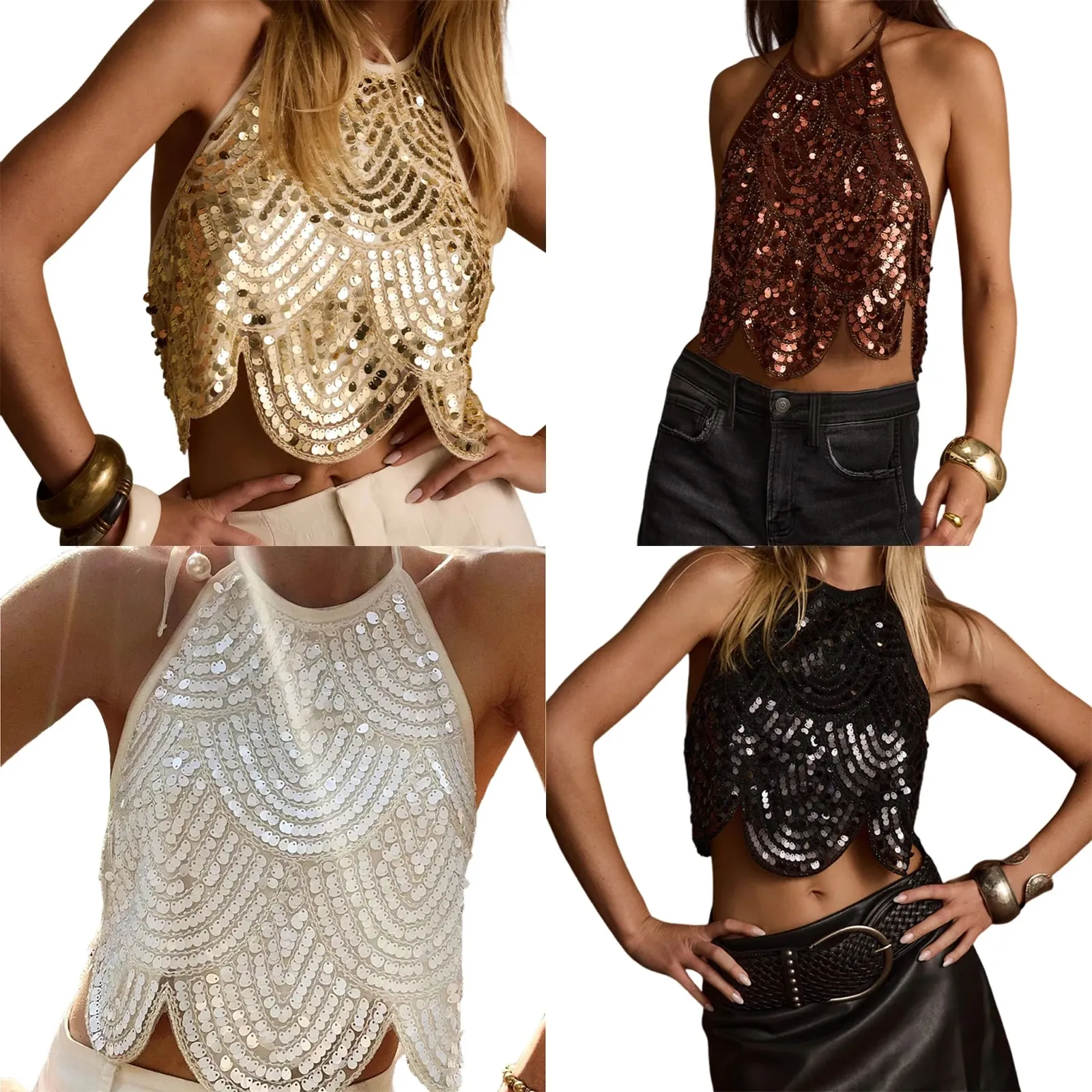 Sexy dámské Halter Flitrové tílko bez zad se zavazováním Sexy třpytivý Crop Top Bez rukávů Třpytivé Party Topy Klubové oblečení