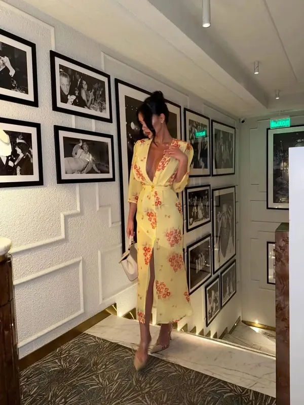 Fesyen Seksi Organza Floral Printed Maxi Dress V-neck Puff Sleeve 2026 Musim Panas Baru Romantik Wanita Gaun Pesta Wanita Elegan Vestido