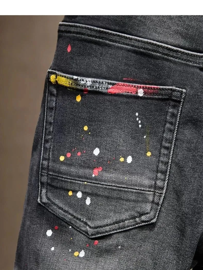 Autumn and Spring New Fashion Trend Printed Straight Leg Ripped Jeans Men's Casual Slim Fit Sports High Quality Denim Pants