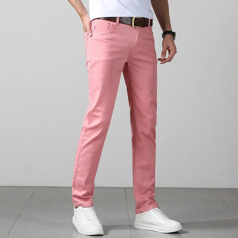 Elastic Cotton Slim Jeans Men Spring Korean Fashion Comfortable Casual Straight Leg Business Denim Trousers Yellow Pink Red