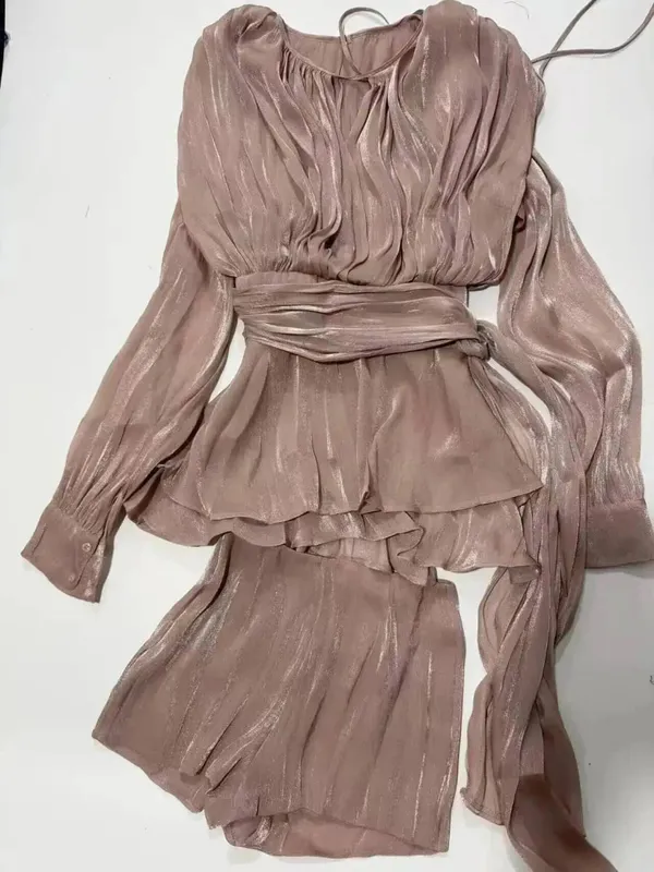 2026 New Summer Fashion Women Clothes Round Neck Lantern Sleeves Satin Short Dress With Shorts Under Two Pieces Set