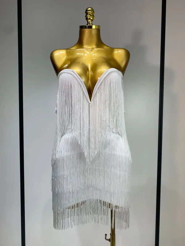 Women Sexy Strapless Tassel Off Shoulder Bandage Dress Fancy Club Celebrity Evening Party Mini Bodycon Dress Birthday Vestido