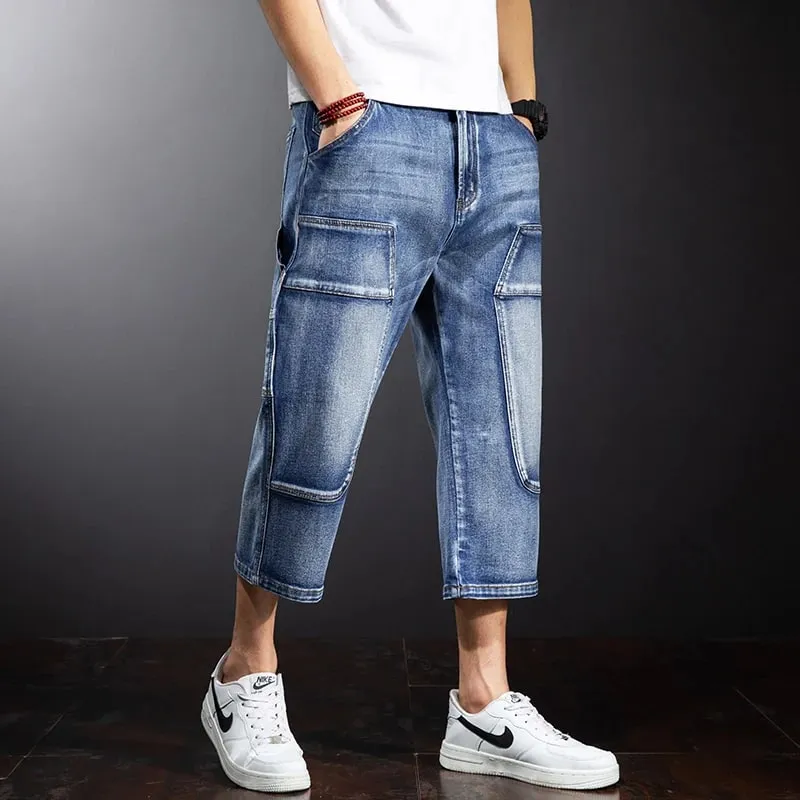 American Summer Men's Loose Denim Cropped Pants Fashionable Street Hip-hop Skateboard Workwear Ripped Jeans Plus Size Pants