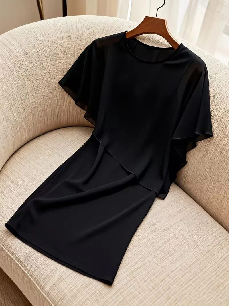 Women Elegant Summer Round Neck Shawl Sleeves Chiffon Wedding Wrap For Solid Color Knee Length Pencil Bodycon Sheath Dress