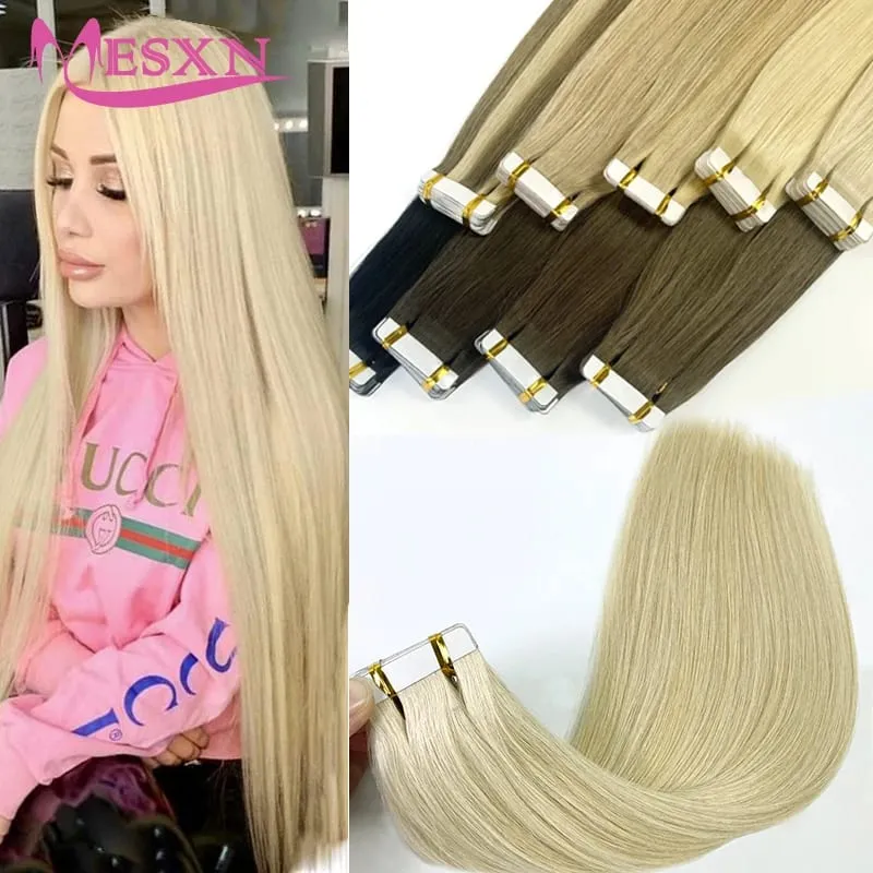 Fita em extensões de cabelo cabelo humano 100% fita de cabelo natural real trama invisível macio 10 pçs 16 "-24" preto marrom loiro