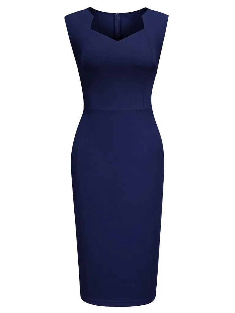 Women Elegant Square Neck Sleeveless Vintage Slim Work Office Cocktail Party Business Casual Sheath Bodycon Pencil Dress