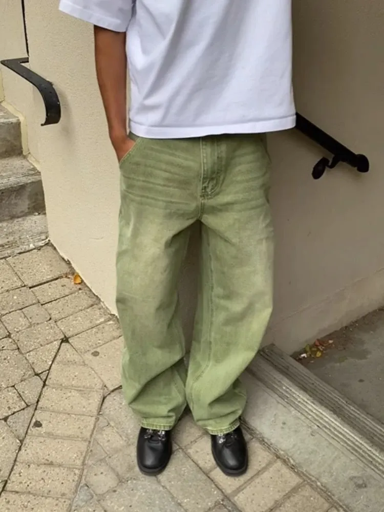 Mens Jeans Matcha Green Washed Gradient Denim Pants Harajuku Unisex Loose Fit Straight Leg Wide Leg Casual Streetwear Fashion