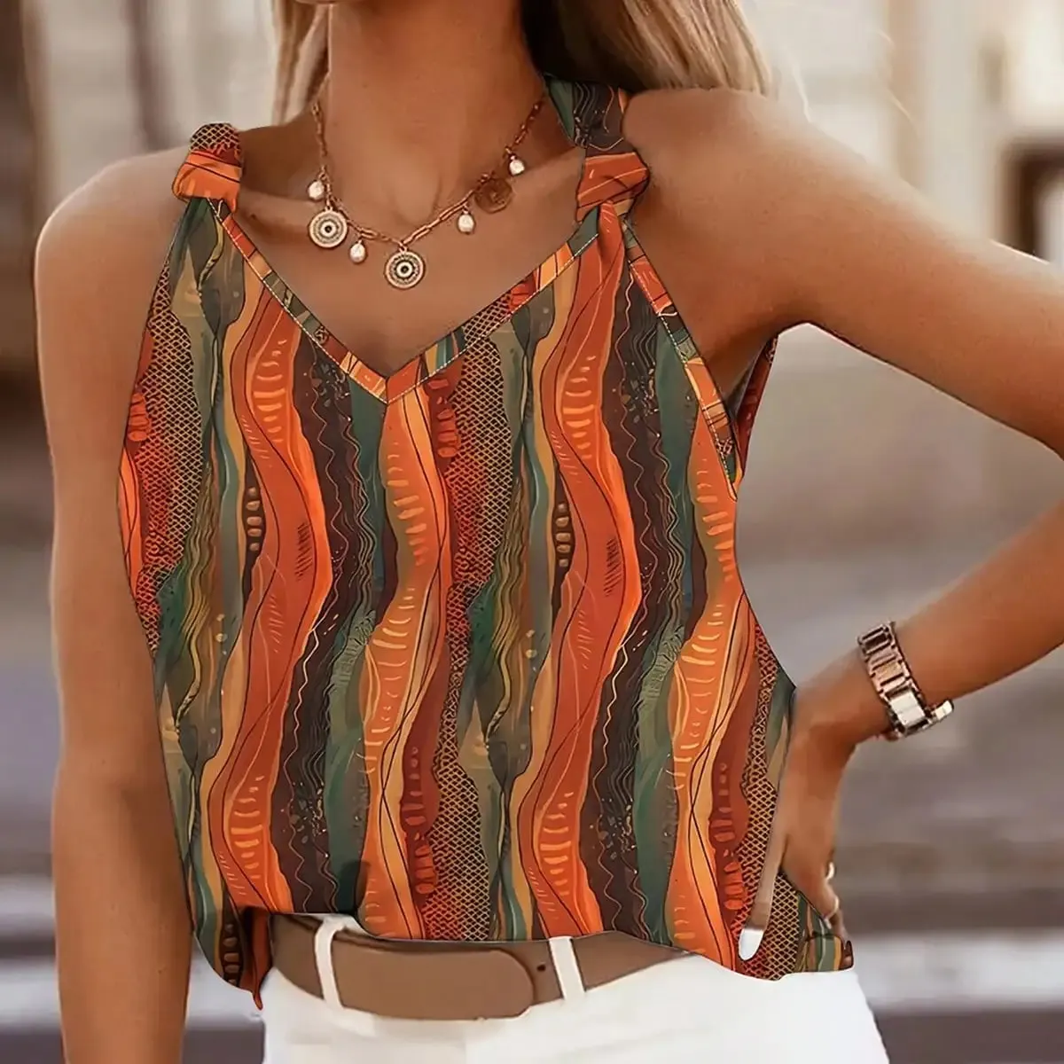 2026 Summer New Fashion Women's Sleeveless V Neck Halter Top Abstract Print Loose Fit Summer Casual Tank Top