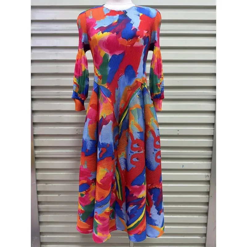 Miyake Plissee Kleider 2026 Herbst Neue Sanfte Französisch Druck Elegante Stretch Plus Größe frauen Langarm Bounce Blume Knospe kleid