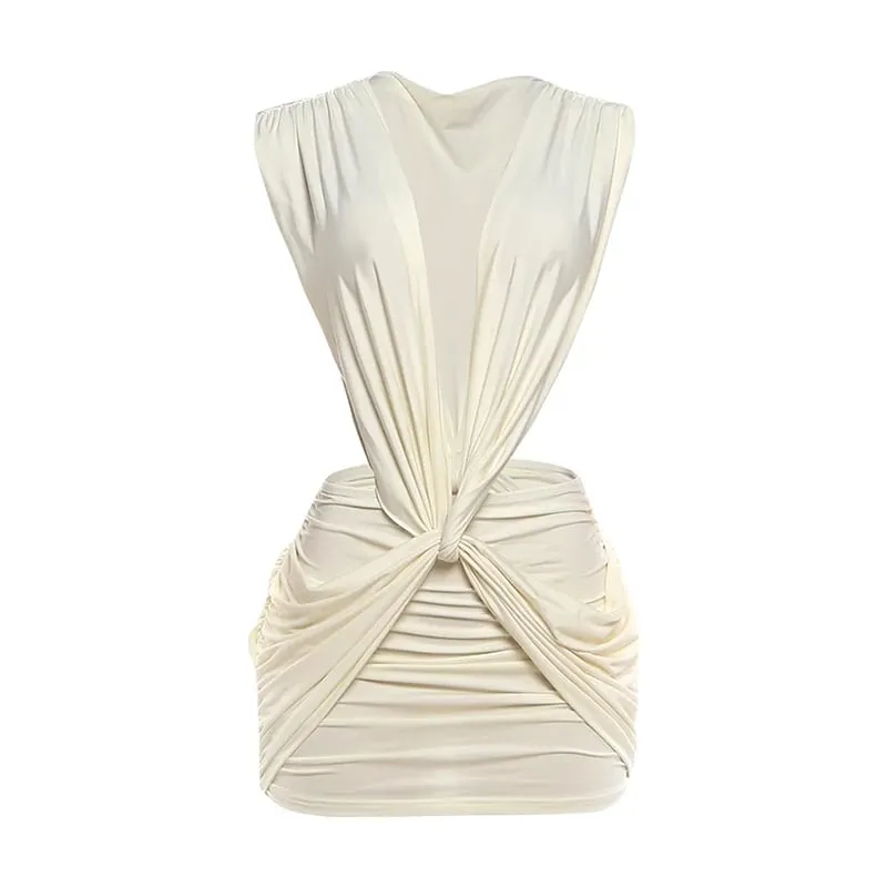 Nibber Folds Dress Wome Kink Deep v-Neck Sleeveless Solid Summer Trend Skinny Cross Waistless Stretch Beach Party Mini Bodycon
