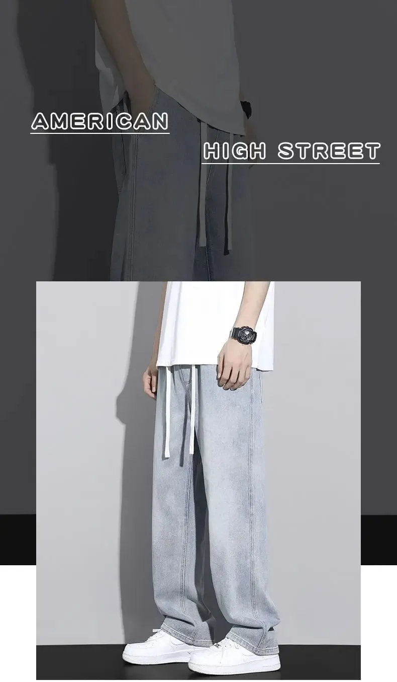 Men's Straight Leg Jeans American High Street High-quality Drawstring Design Daily Casual Loose Pants Washed Polished White