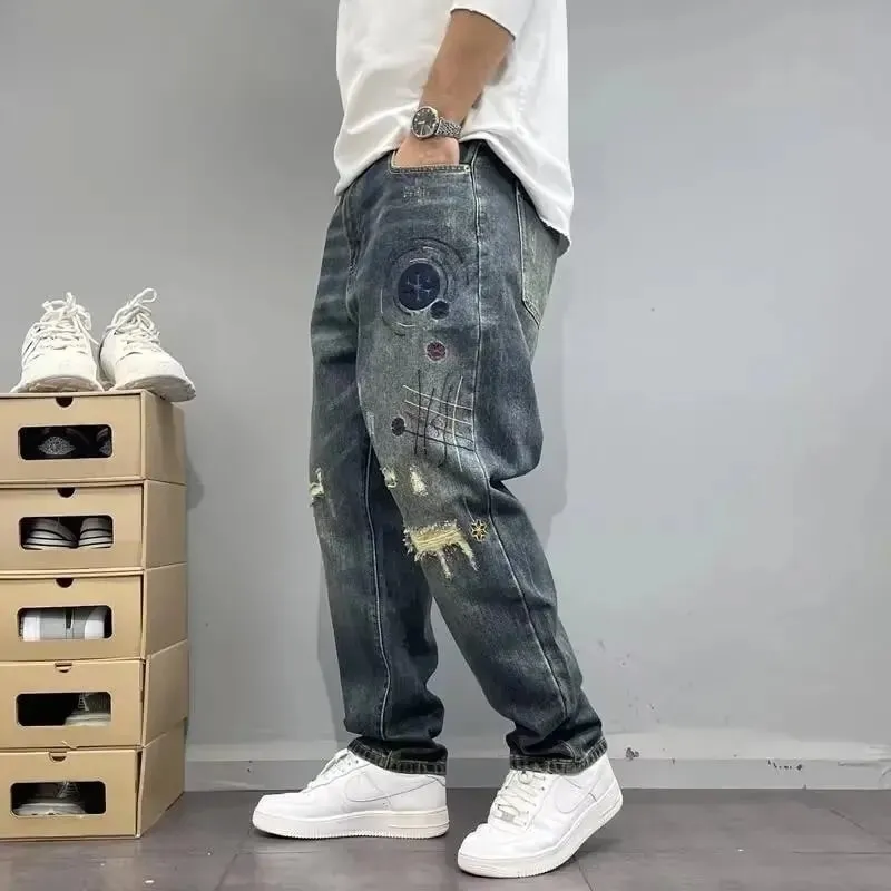 Four Seasons New Fashion Men's American High Street Hole Patched Loose Wide Leg Jeans Pants Vintage Washed Denim Trousers Male — image 3