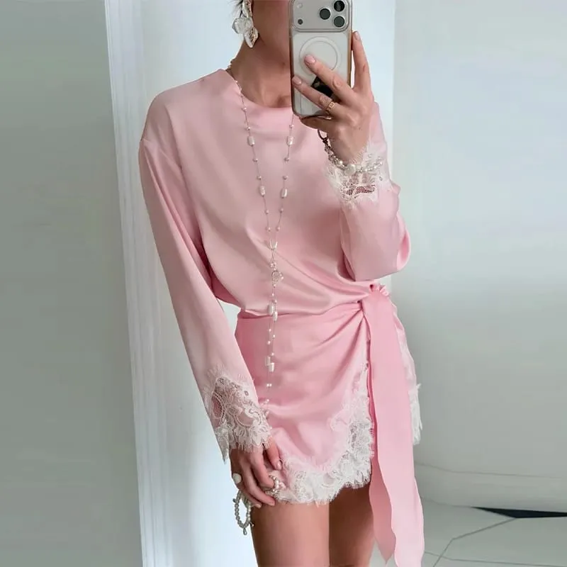 Loose Satin Mini Dress Women O Neck Long Sleeves Lace Patchwork Straight Vestidos Female 2026 Spring Summer Chic Solid Dresses