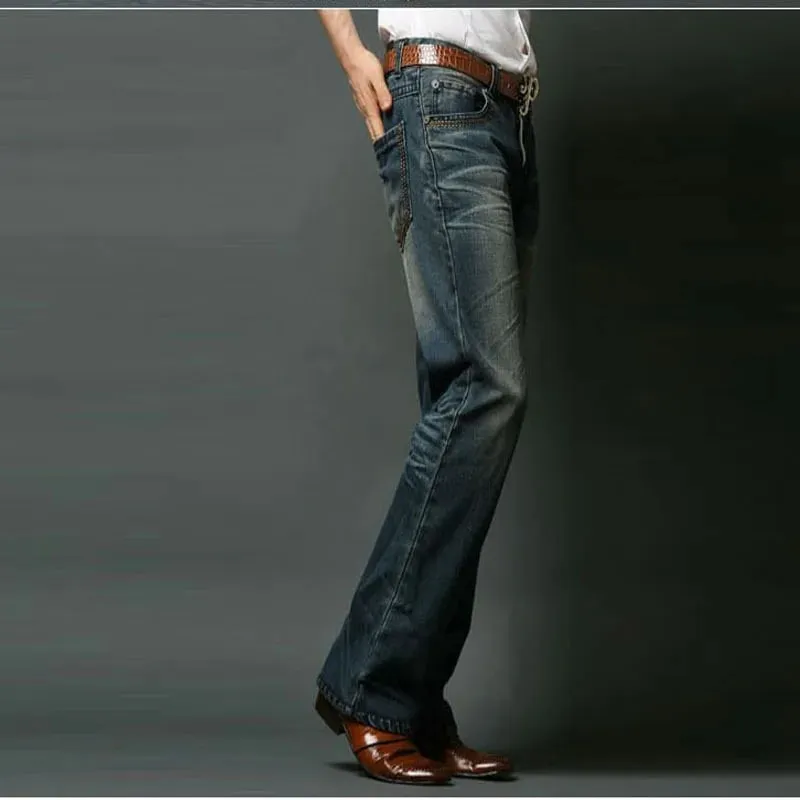 2026 New Men Micro Flare Jeans Korean Fashion Stretch Slim Denim Pants Mid Waist Washed Casual Business Trousers Black Blue