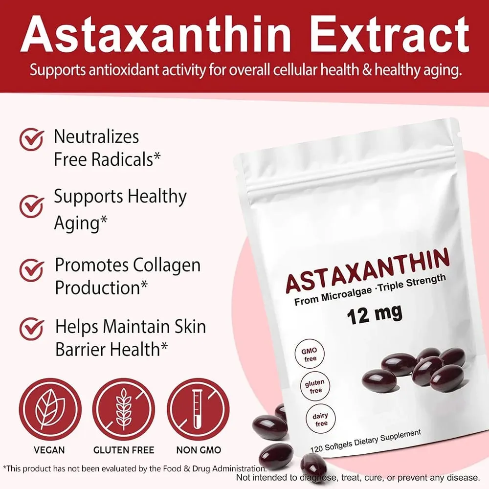 Astaxanthin 12mg 120 Softgels Triple Strength Premium Antioxidant Supplements Support Eye Skin Joint & Immune System Health