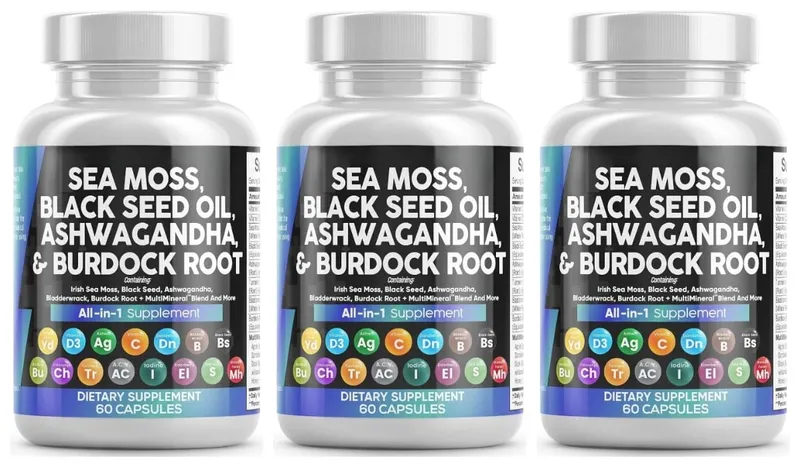 Sea Moss Kapsler indeholder sort frø gurkemeje og D-vitamin plantebaseret dagligt mineral alt i ét tilskud 60 antal pr. flaske