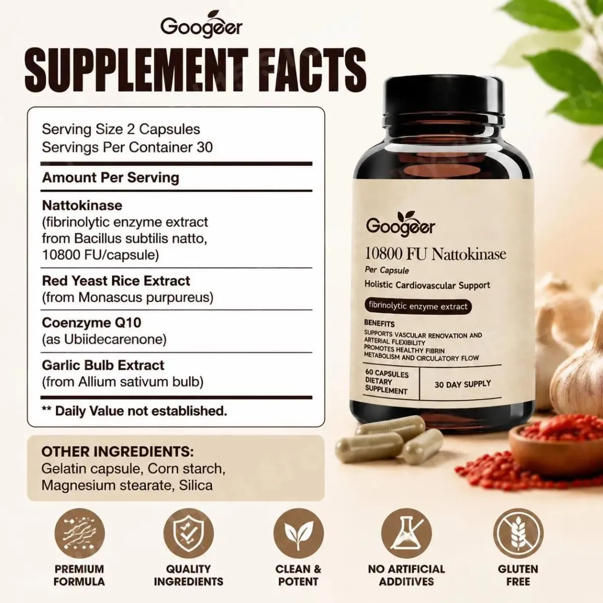 Googeer Advanced Enzyme CoQ10 Formula Kapseln, sauber, vegan, gentechnikfrei, tägliches Wellness-Unterstützungsergänzungsmittel, 60 Kapseln, einfache Anwendung