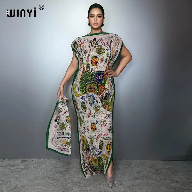 Pleated Elastic Slim Dress Women Crumple Design Pleated Luxury Abaya Muslim Party Dress Poncho for Women Beach Wear Kaftan