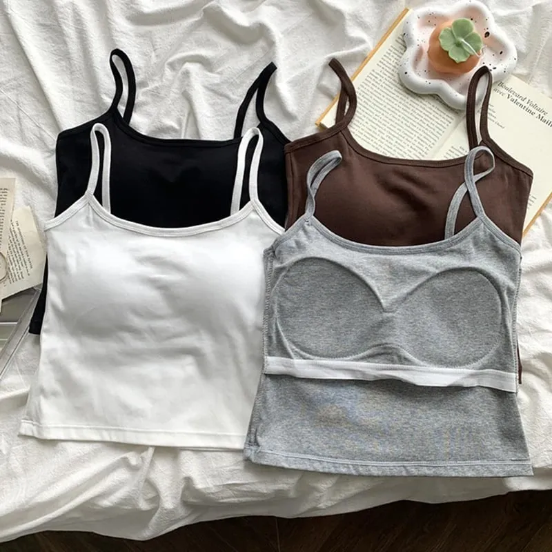 1PC Cotton Spaghetti Straps Sleeveless Slim Camisole Women Soft Breathable Vests with Chest Pad Summer Wear Outside Short Tops