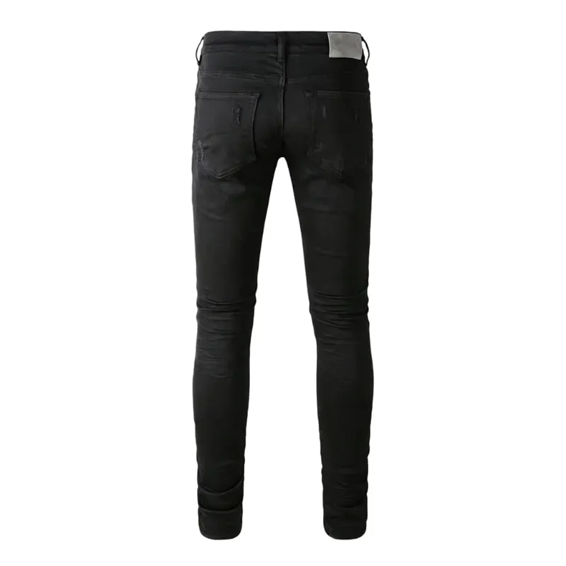 Men's Multiple Knee Ripped Slim Tapered Jeans Mid Rise Vintage Black Wash Heavily Frayed Button Fly High Street Style