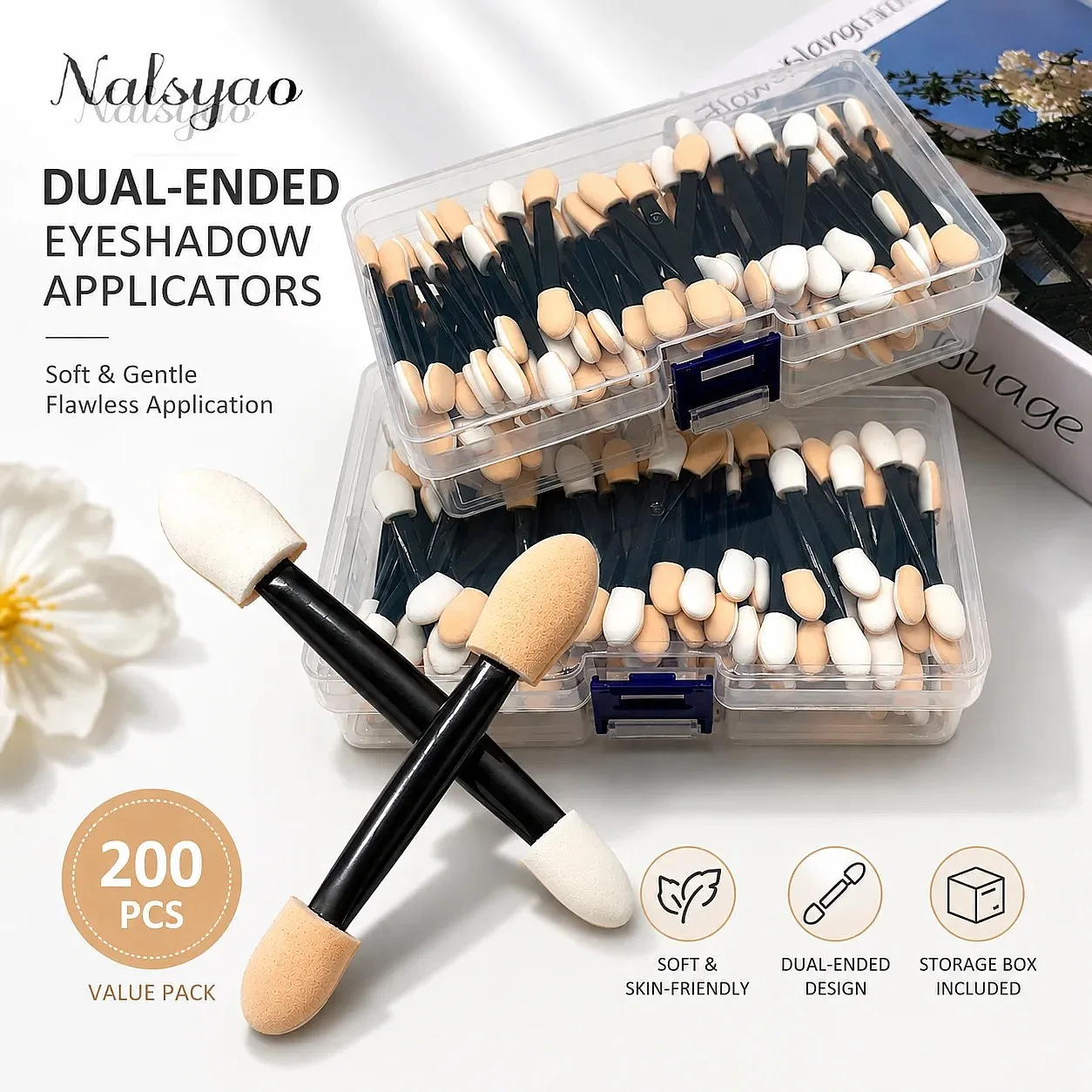 50/100/200PCS Εφαρμογές σκιάς ματιών με σφουγγαράκι διπλής όψης με δοχείο – Εργαλείο βουρτσών μακιγιάζ μιας χρήσης με μακριά λαβή — image 4