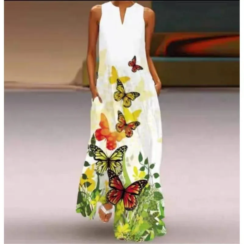 Women Dresses 2026 New summer wear sleeveless long dress V-neck printed emerald flower dress women's clothing vestidoes