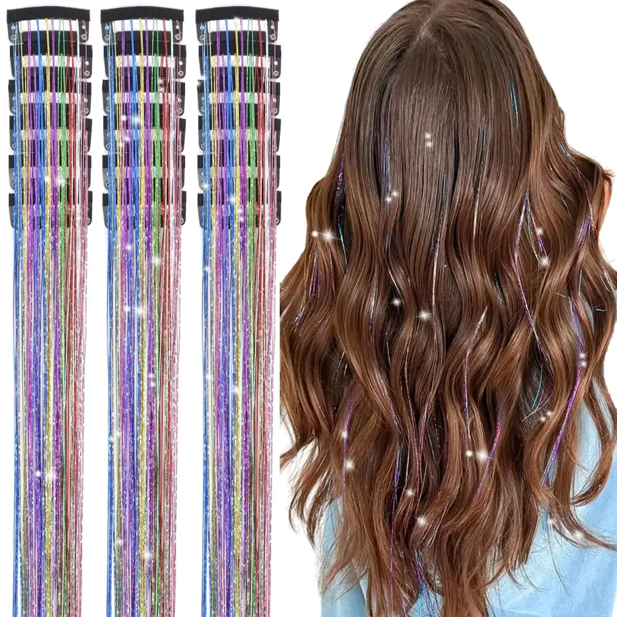 Sambungan Rambut Tinsel Berkilauan 20 Inci dengan Klip Dalam 6 Keping/Set Klip Sintetik dalam Aksesori Rambut Sparkle Fairy untuk Kanak-kanak Wanita