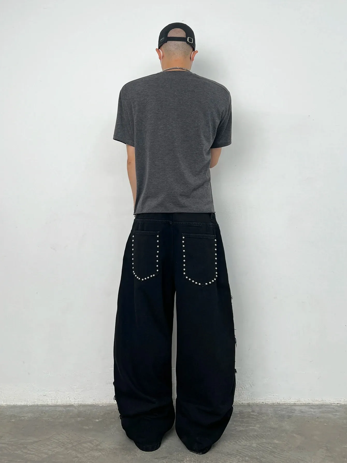 American High Street Double-Layer Patch Ripped Studded Design Black Men's Loose Jeans Y2K Street Hip-Hop Fashion Wide-Leg Pants