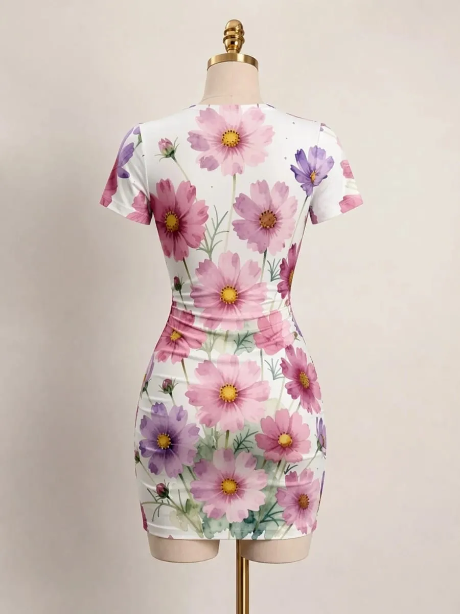 Womens Short Sleeve Bodycon Mini Dress Slim Fit Crew Neck Floral Print Casual Summer Party Cute Elegant Brunch Vacation Sundress