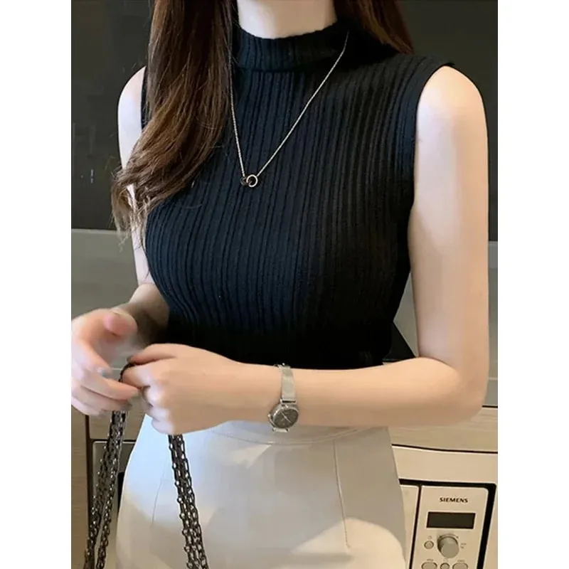 2026 Summer Turtleneck Ribbed Tank Tops Women Camisole Sleeveless Slim Female Stripe Croped Vest Casual Solid Camis Top