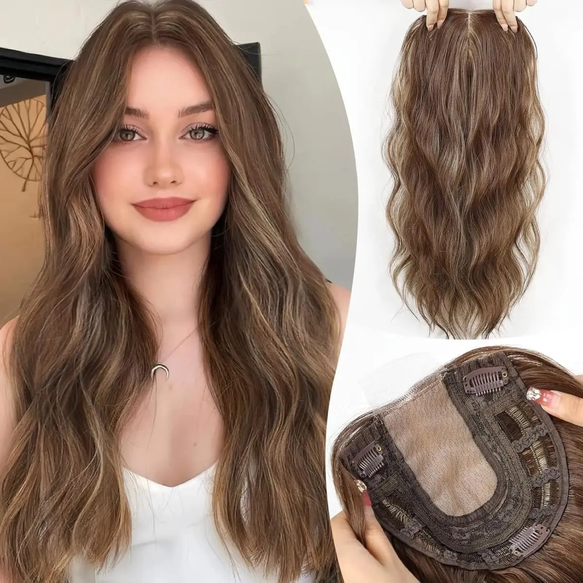 20in Wavy Hair Toppers Long Brown Mixed Blonde Premium Synthetic Hairpieces with 6*6 Large Base Lace Clip In Hair for Women