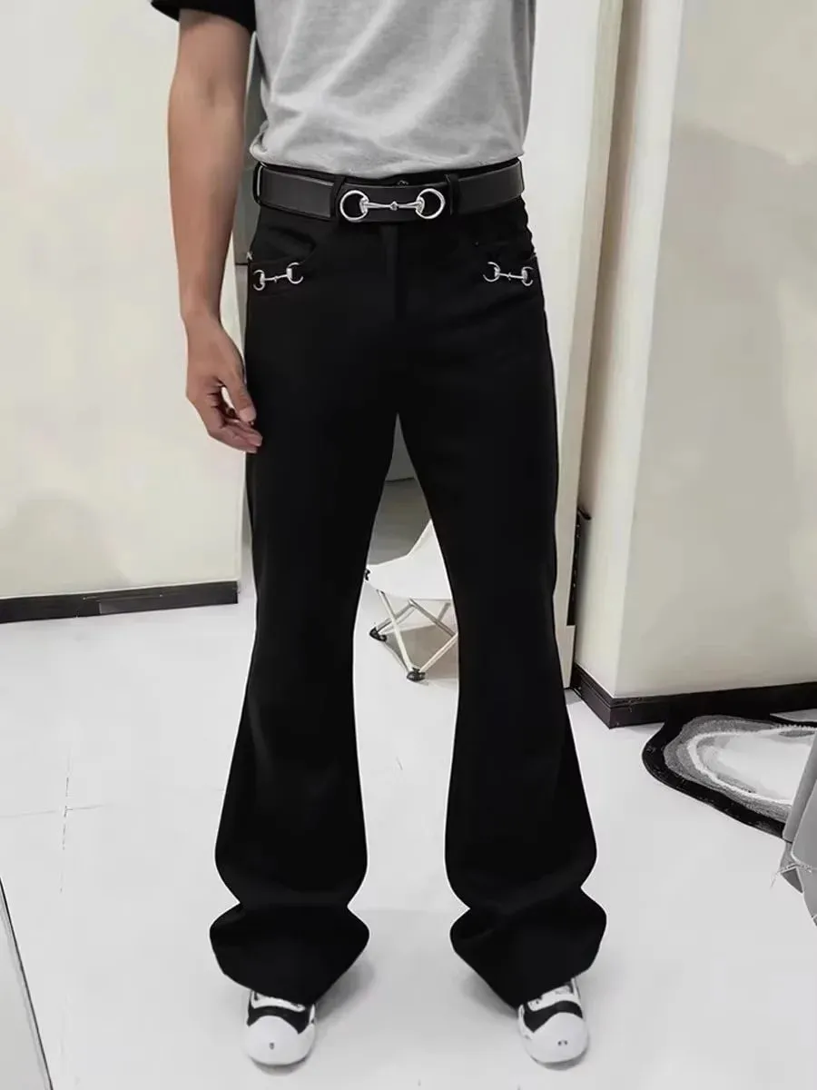 American Retro Buckle Design Spring Autumn Washed Black Micro-Flare Jeans Men High-Waisted Hip-Hop Loose Wide Leg Jeans Unisex