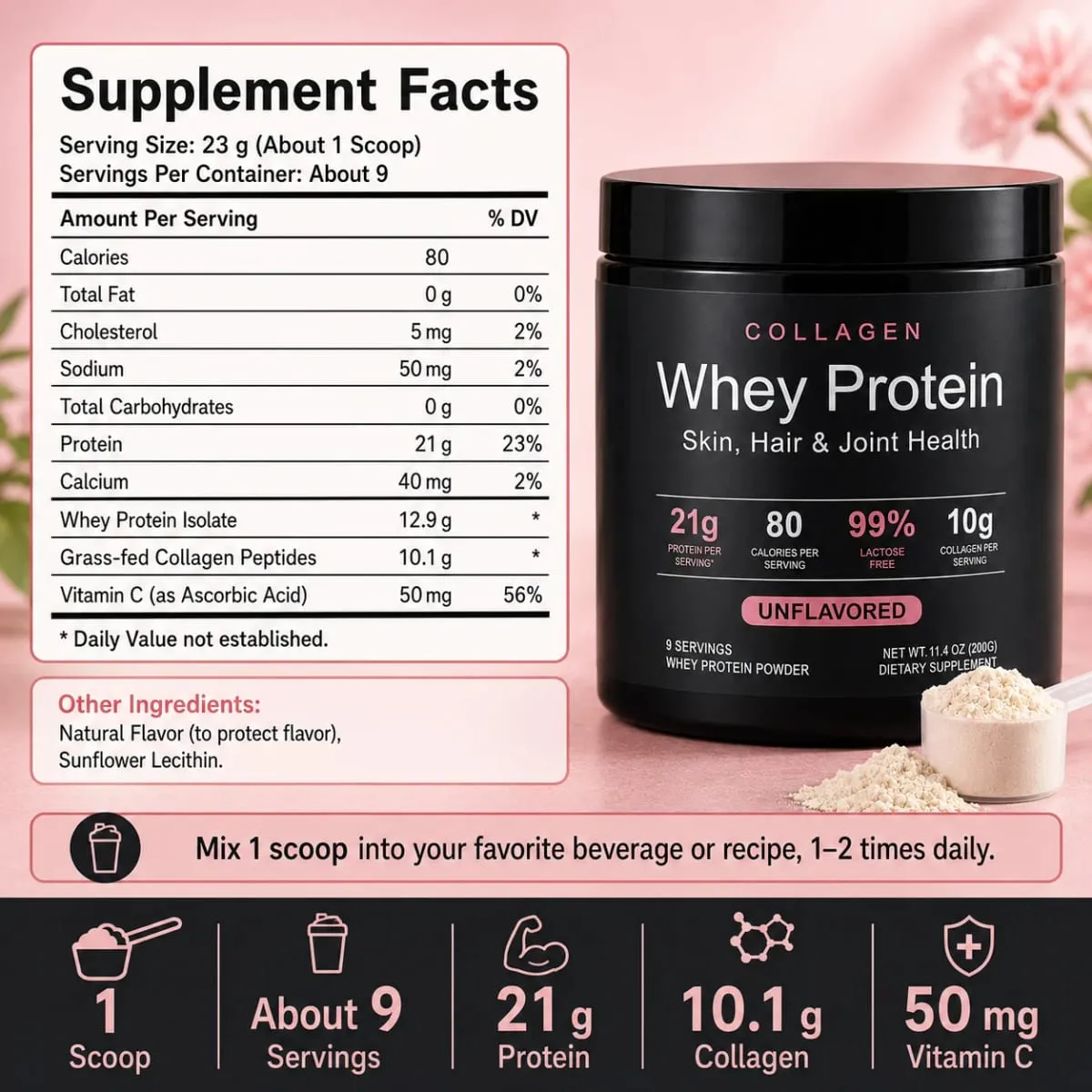 Collagen Whey Protein Powder 21g Protein 10g Collagen Peptides Unflavored 99% Lactose Free Fitness Nutrition Shake 9 Servings