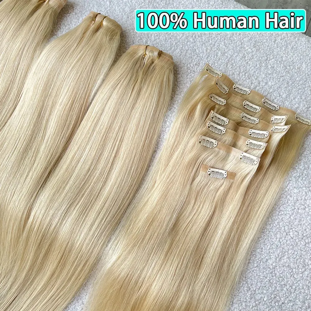 #613 Blonde Clips In Hair Extensions Human Hair Straight Natural Hair Extensions Feel Soft Hairstyle 100g/Bundles For Women