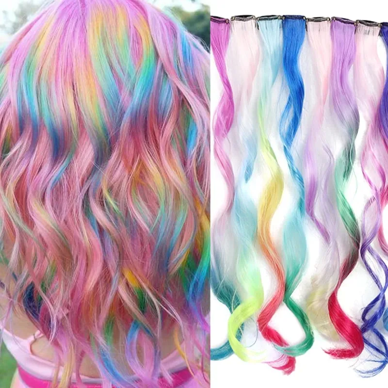 2pcs 16 Inch Colorful Hair Extensions Synthetic Ombre Wavy Clip in Hair Extensions Lightweight Hairpieces for Women Party Wear