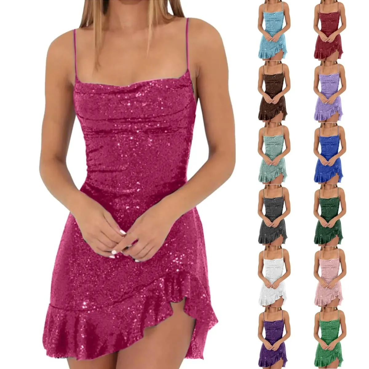 Sexy Sequin Women's Dresses Soild Color Backless Spaghetti Strap Sleeveless Club Party Dresses Ladies Irregular Ruffle Hem Dress — image 3