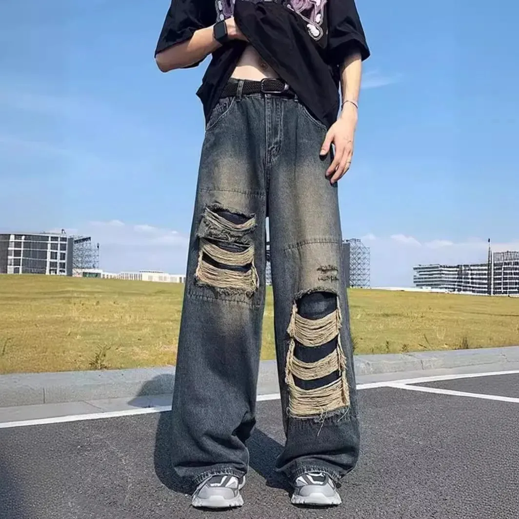 Vaqueros de pierna ancha holgados con lavado vintage oscuro para hombre Detalle rasgado deshilachado de múltiples capas Estilo urbano de Hip Hop Salida informal a la calle para uso diario Pantalones de mezclilla sueltos